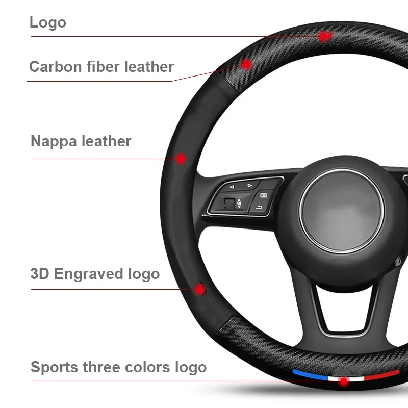 Custom logo carbon fiber leather universal car steering wheel covers for mercedes-benz bmw audi toyota honda nissan hyundai ford